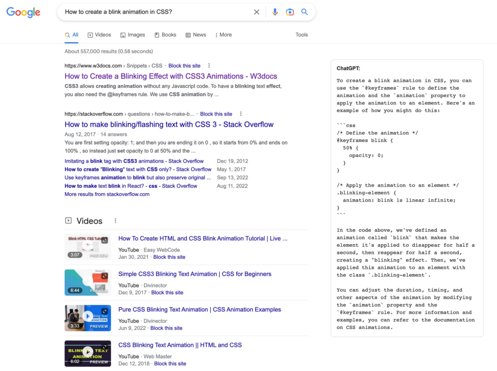 ChatGPT for Google : ChatGPT response alongside search engine results