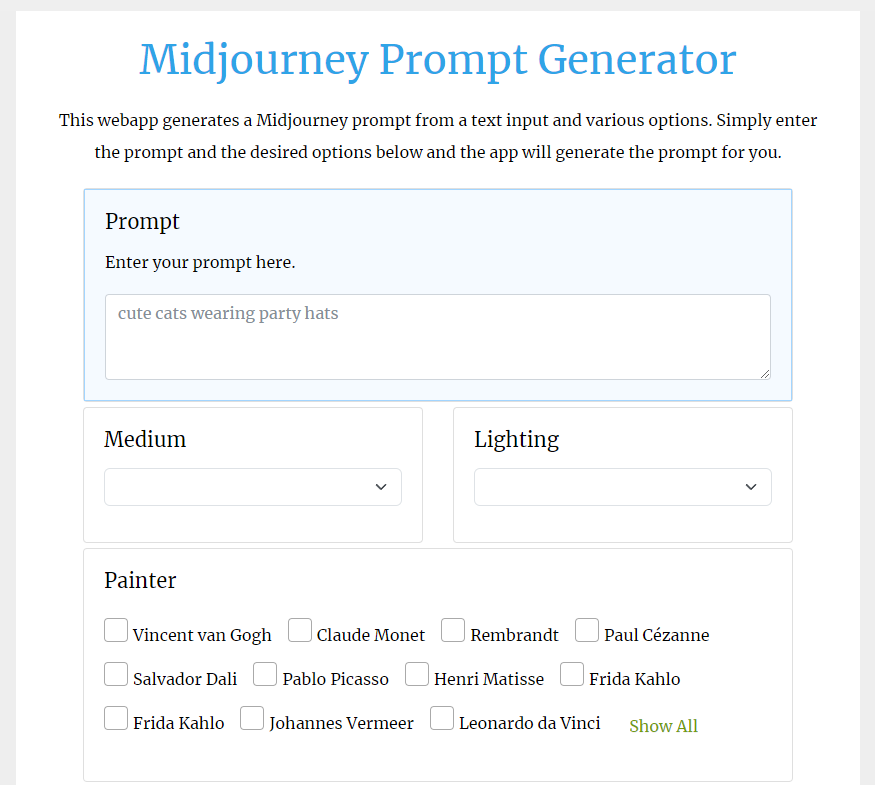 Midjourney Prompt Generator : Midjourney prompt generator