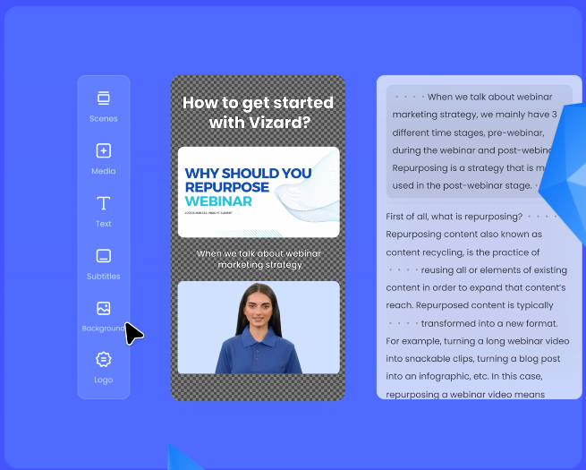 Vizard : Repurpose webinar recordings customer testimonials conference recordings into social ready highlights with AI
